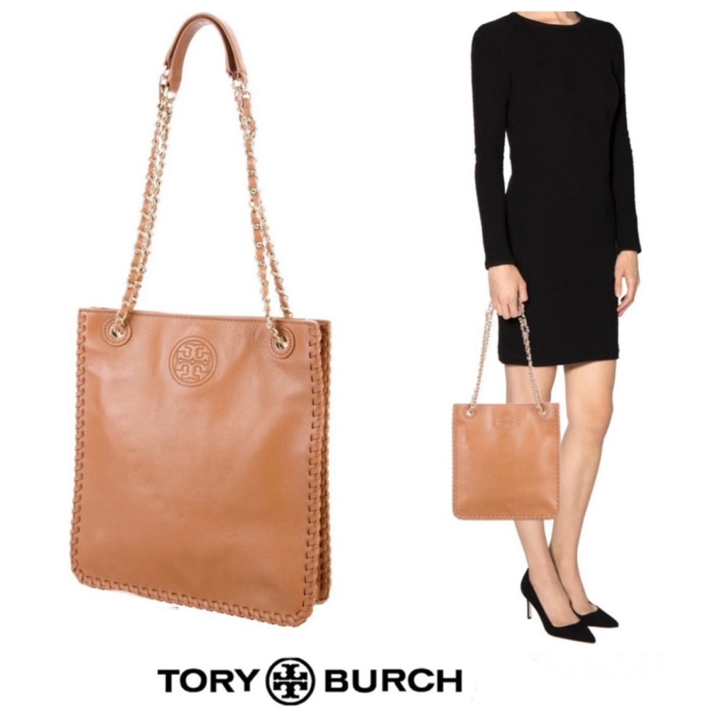 TORY BURCH Marion North South Tan Pebbled Leather Chain Link Handle Shoulder Bag